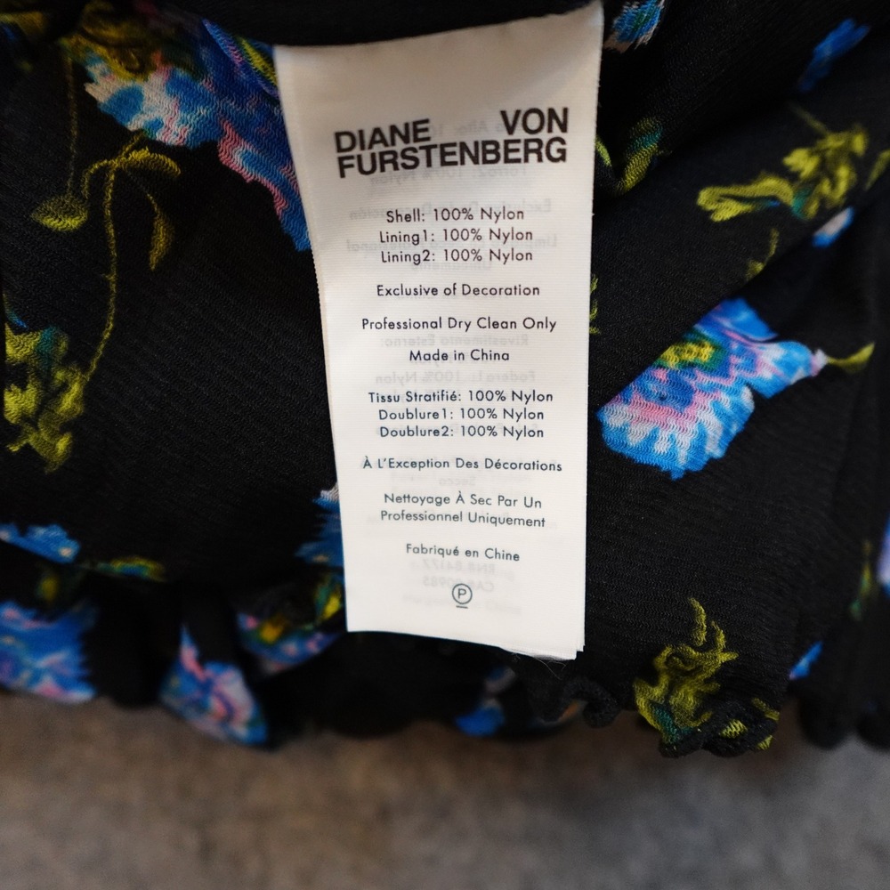 Diane von Furstenberg Dress Women Large Black Floral Rochelle Midi Mesh Ruched - Picture 5 of 11
